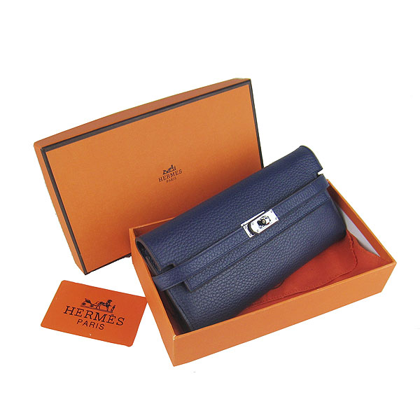 High Quality Hermes Kelly Long Clutch Bag Dark Blue H009 Replica - Click Image to Close